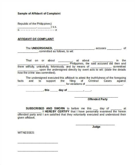Sample of Affidavit of Complaint AFFIDAVIT OF COMPLAINT.